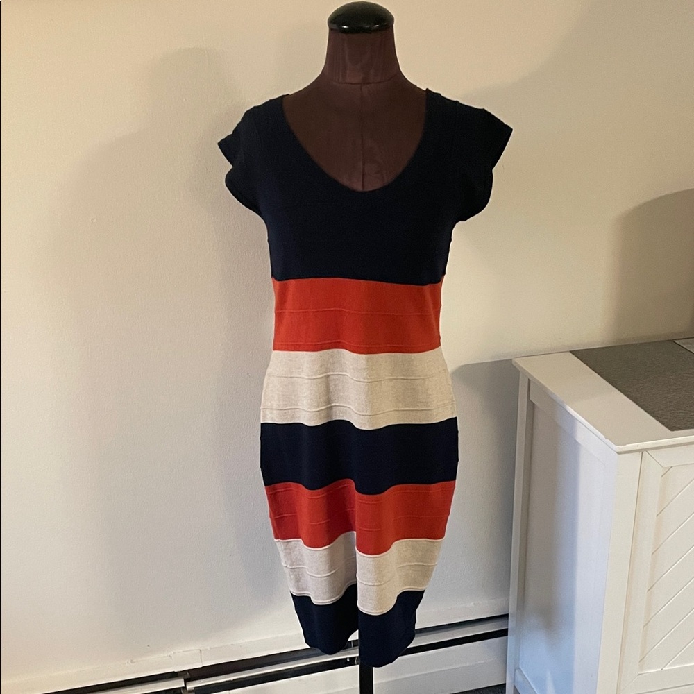 Striped Knit Dress in Navy, Orange, and Cream